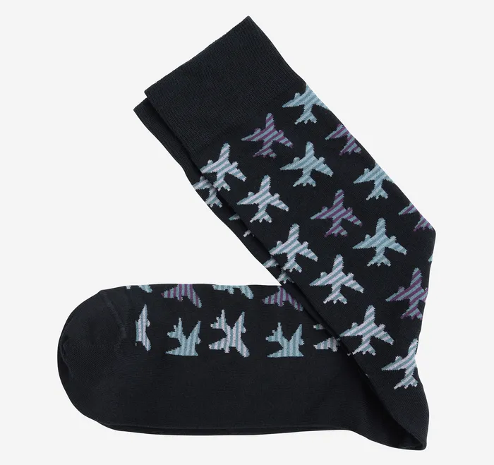 Accessories Space Dyed Socks Navy Striped Airplane Icon Johnston and Murphy Men
