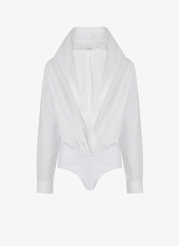 Alaa Bodysuits and Leggings HOODED BODY SHIRT IN COTTON POPLIN White 8211 Women