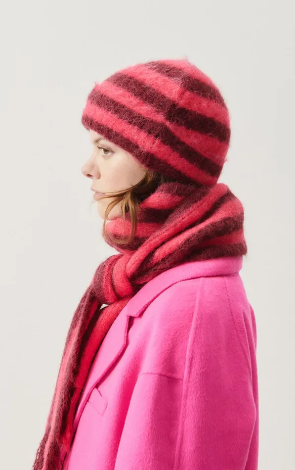 American Vintage Beanies and Caps WomenMen Beanie Bymi Burgundy And Hortensia Striped