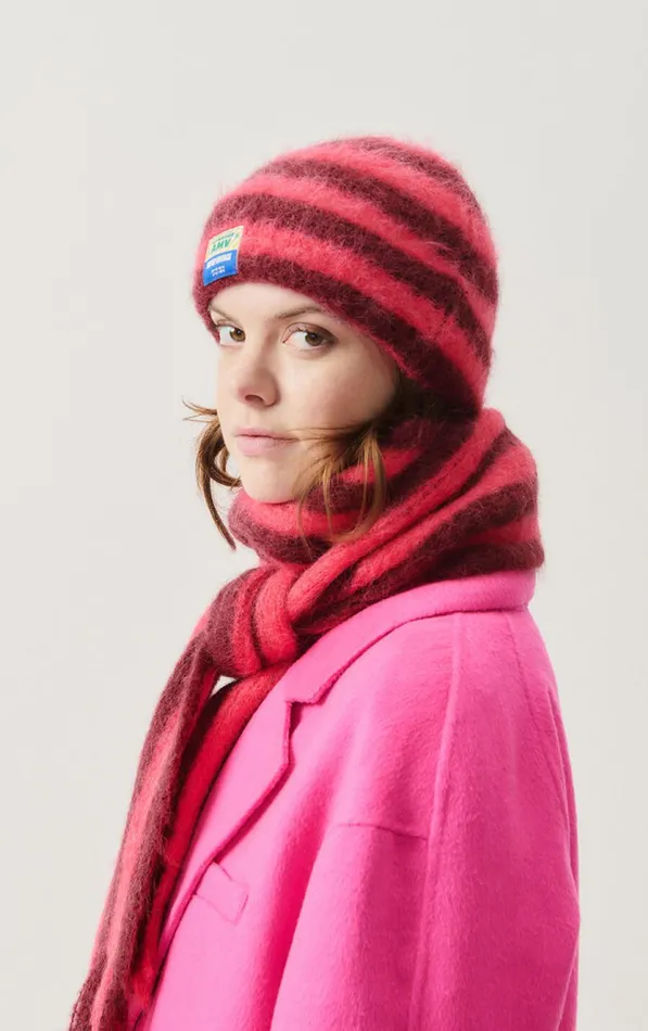 American Vintage Beanies and Caps WomenMen Beanie Bymi Burgundy And Hortensia Striped