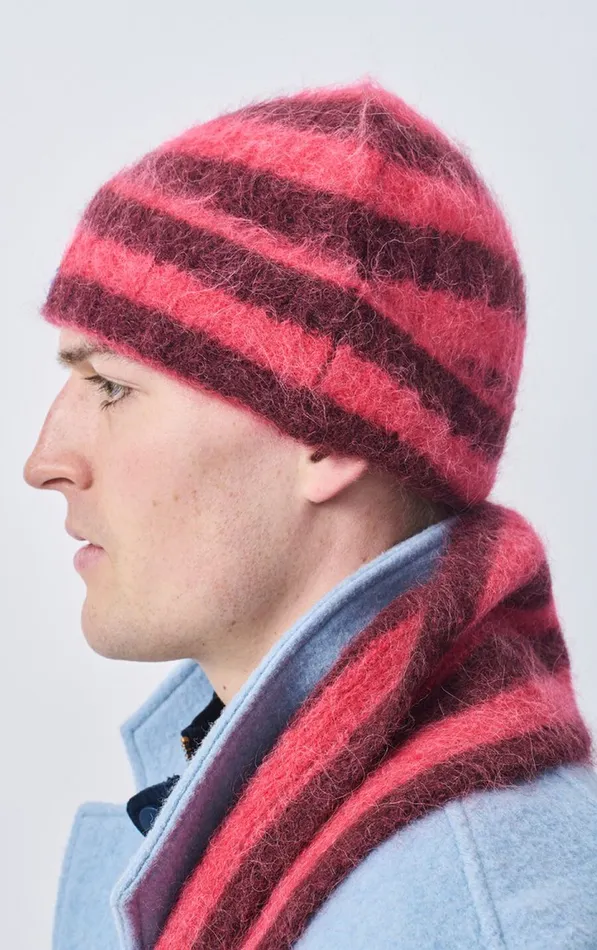 American Vintage Beanies and Caps WomenMen Beanie Bymi Burgundy And Hortensia Striped