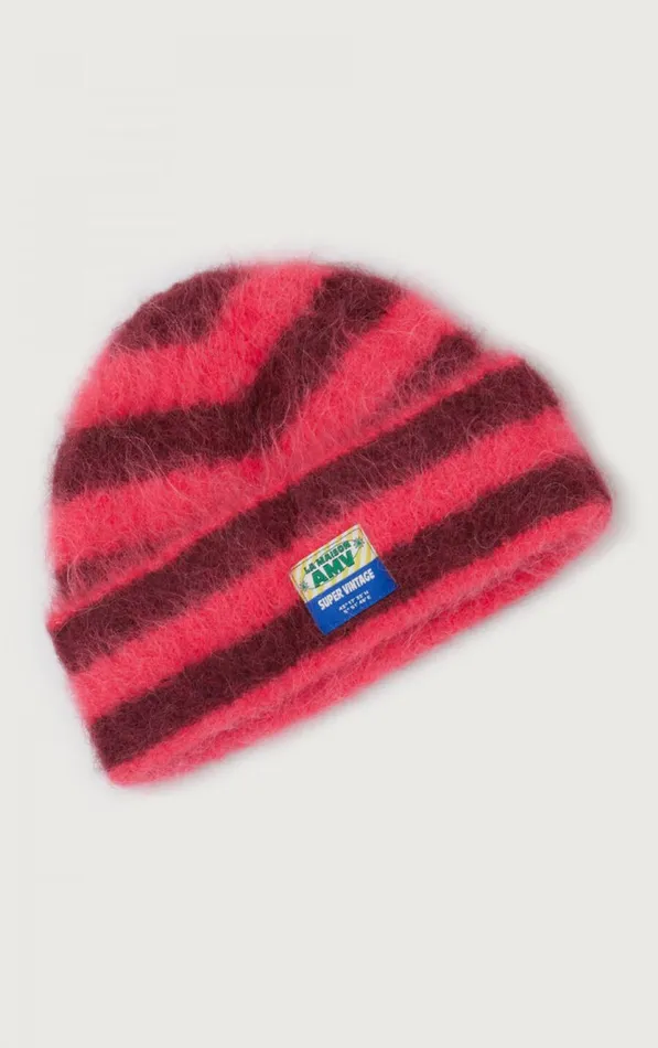 American Vintage Beanies and Caps WomenMen Beanie Bymi Burgundy And Hortensia Striped