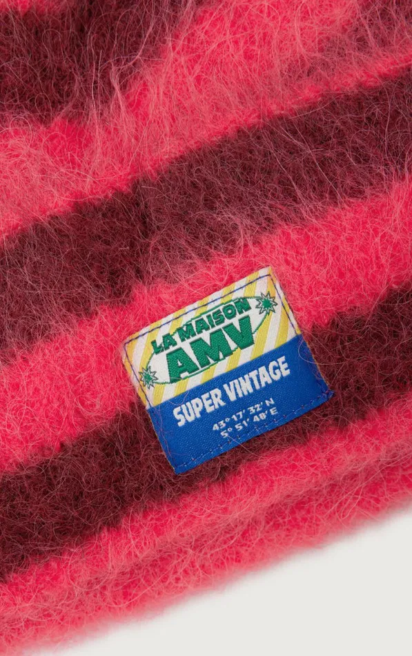 American Vintage Beanies and Caps WomenMen Beanie Bymi Burgundy And Hortensia Striped