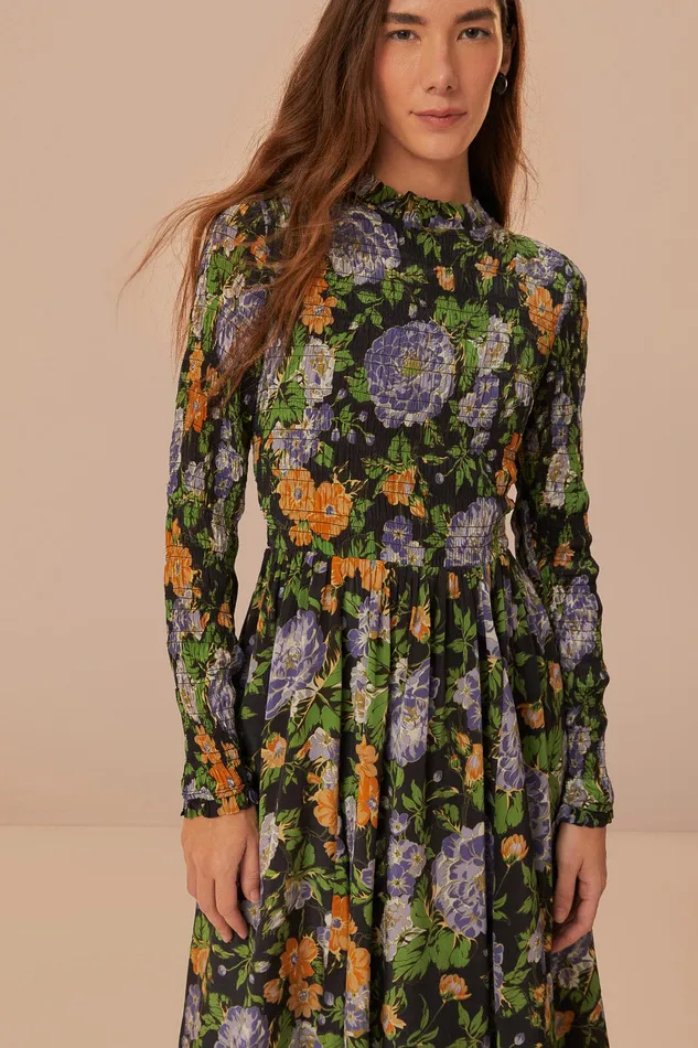 Black Capri Floral Midi Dress Long Sleeve Women Farm Rio Midi Dresses