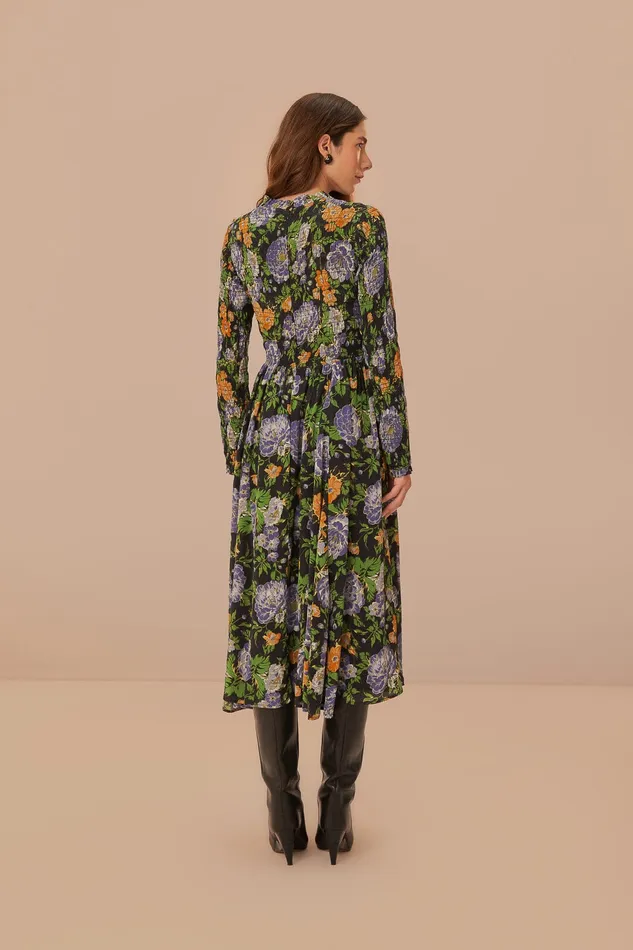 Black Capri Floral Midi Dress Long Sleeve Women Farm Rio Midi Dresses