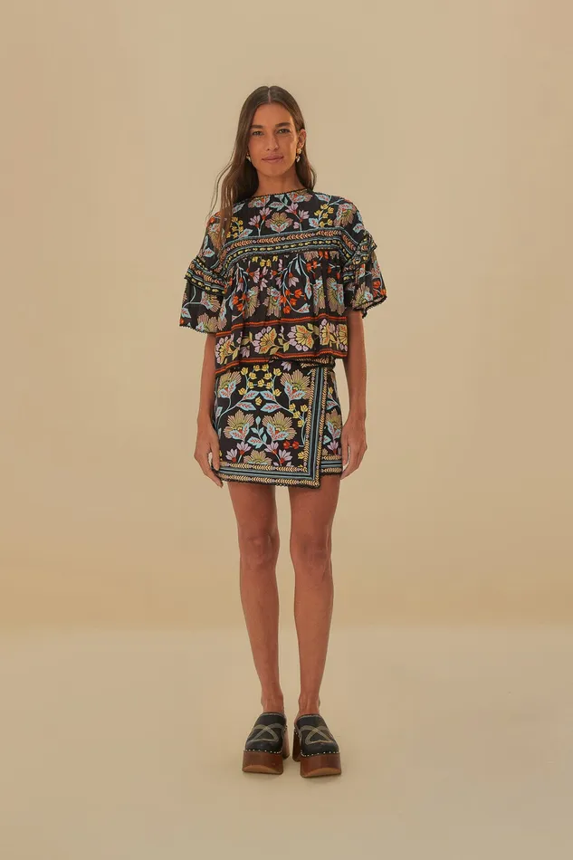 Black Flowery Ruffle Blouse Women Farm Rio Blouses