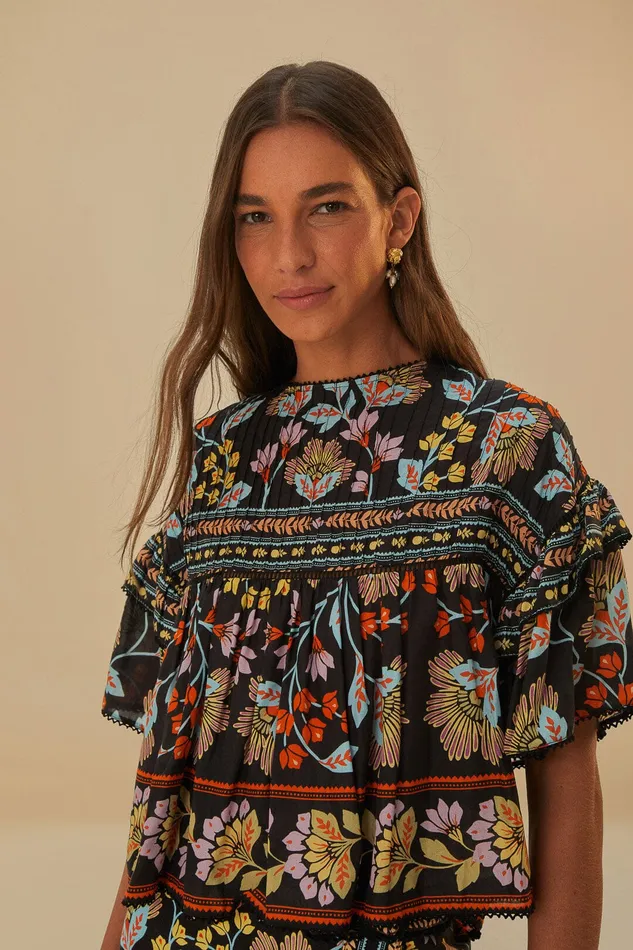 Black Flowery Ruffle Blouse Women Farm Rio Blouses