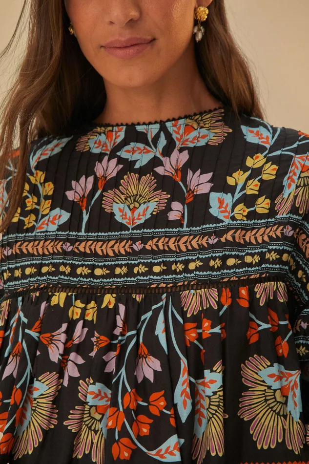 Black Flowery Ruffle Blouse Women Farm Rio Blouses
