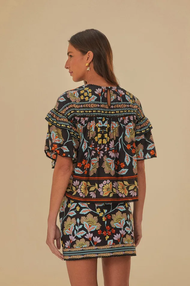Black Flowery Ruffle Blouse Women Farm Rio Blouses