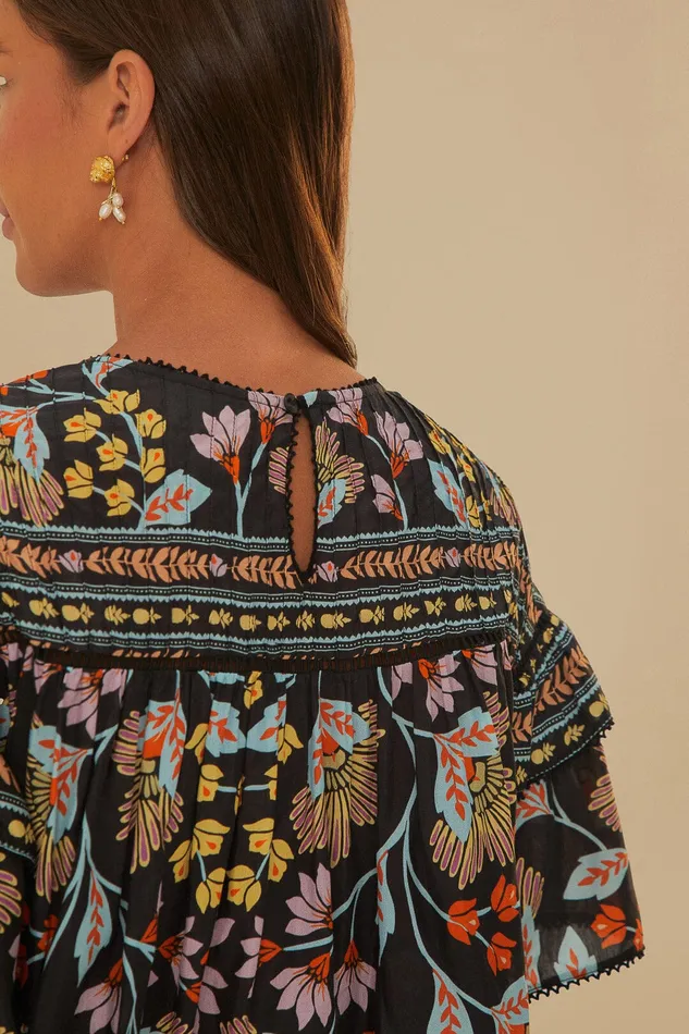 Black Flowery Ruffle Blouse Women Farm Rio Blouses