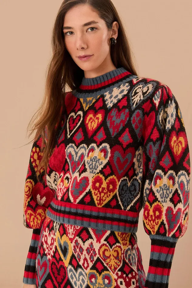 Black Hearts Ikat Knit Sweater Women Farm Rio Sweaters and Sweatshirts