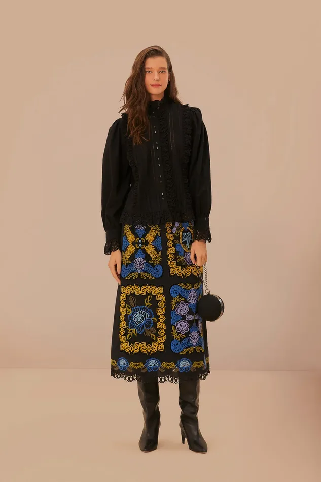 Black Lace And Pleat Blouse Women Farm Rio Blouses