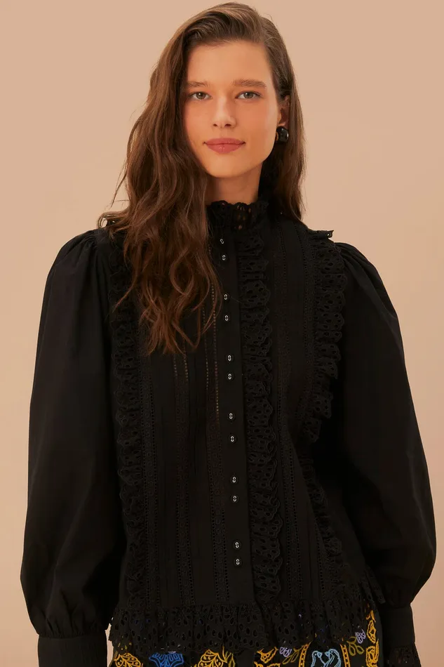 Black Lace And Pleat Blouse Women Farm Rio Blouses