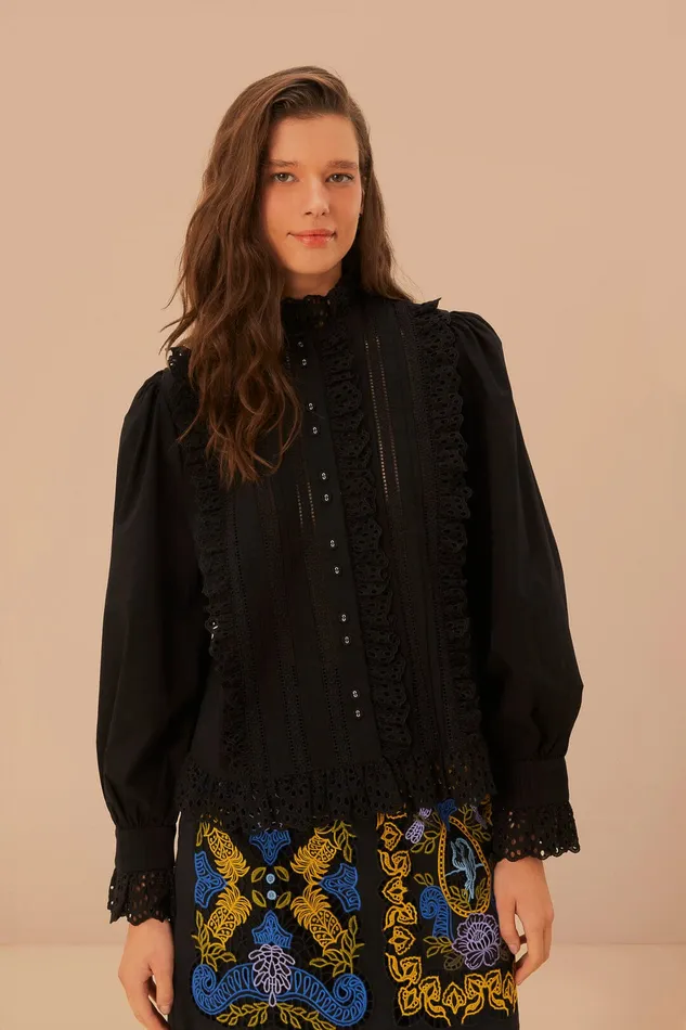 Black Lace And Pleat Blouse Women Farm Rio Blouses