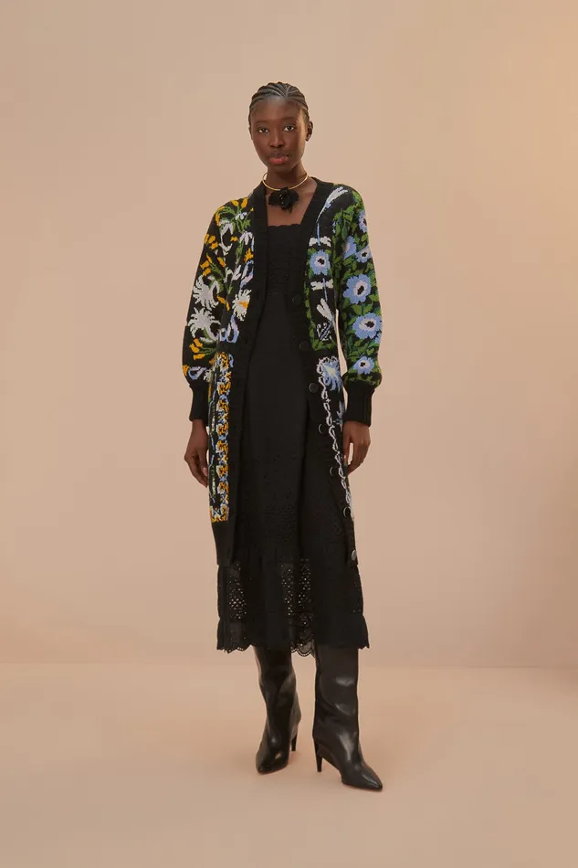 Black Winter Garden Knit Midi Cardigan Women Farm Rio Cardigans