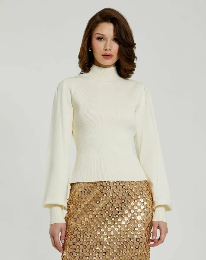 Blouses and Tops Ivory Ribbed Knit Balloon Sleeve Turtle Neck Sweater 8211 FINAL SALE Ivory 8211 Mac Duggal Women