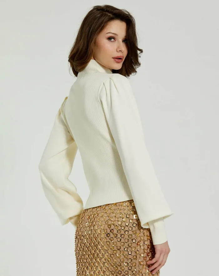 Blouses and Tops Ivory Ribbed Knit Balloon Sleeve Turtle Neck Sweater 8211 FINAL SALE Ivory 8211 Mac Duggal Women