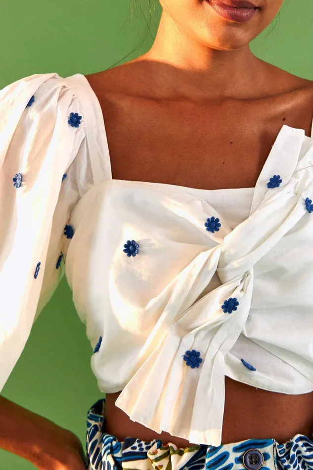Blue Flowers Long Sleeve Crop Top Women Farm Rio Crop Tops