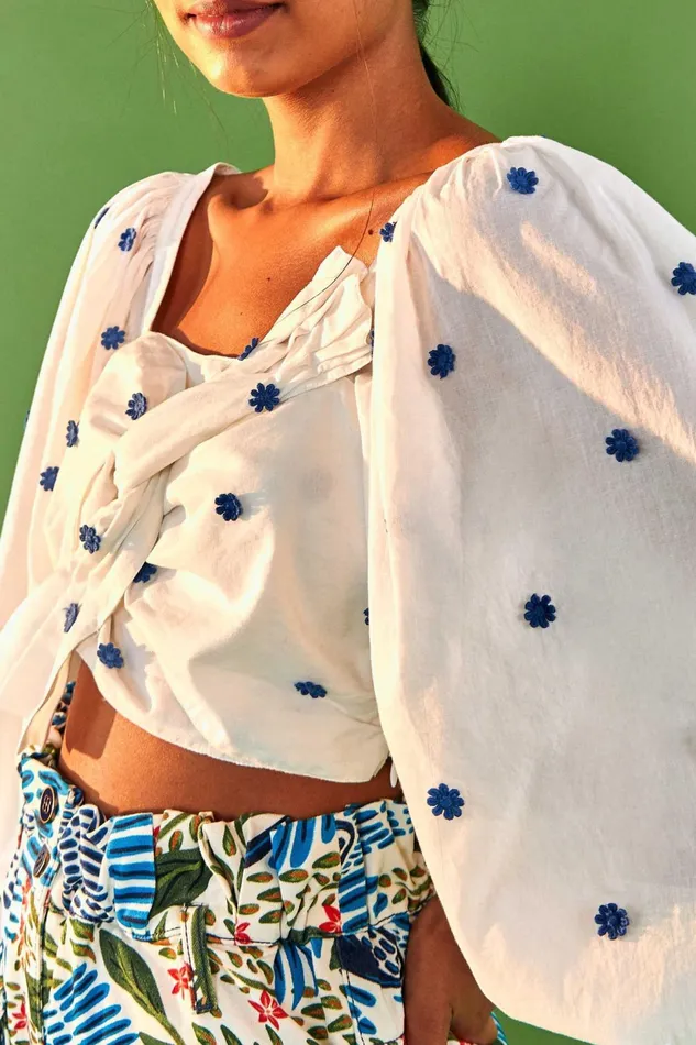 Blue Flowers Long Sleeve Crop Top Women Farm Rio Crop Tops
