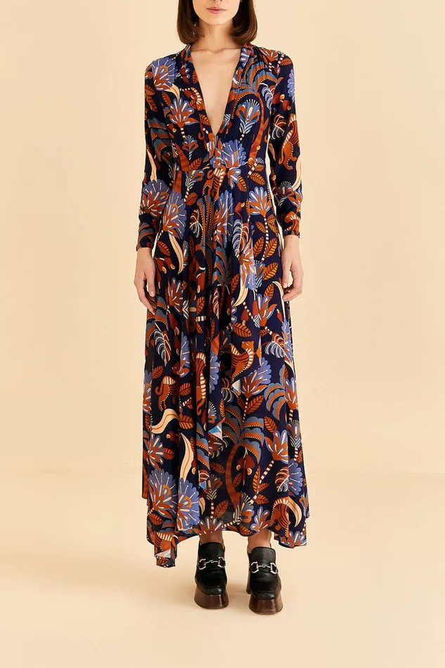 Blue Nature Beauty Long Sleeve Maxi Dress Women Farm Rio Maxi Dresses