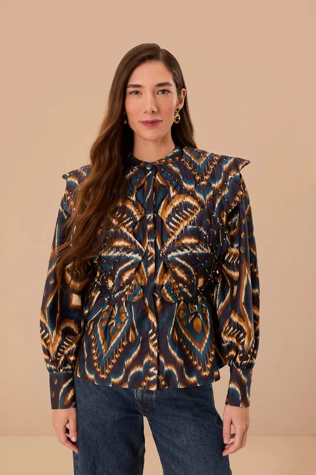Blue Pineapple Ikat Long Sleeve Matelasse Blouse Women Farm Rio Blouses