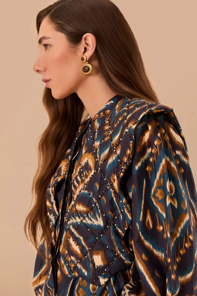Blue Pineapple Ikat Long Sleeve Matelasse Blouse Women Farm Rio Blouses
