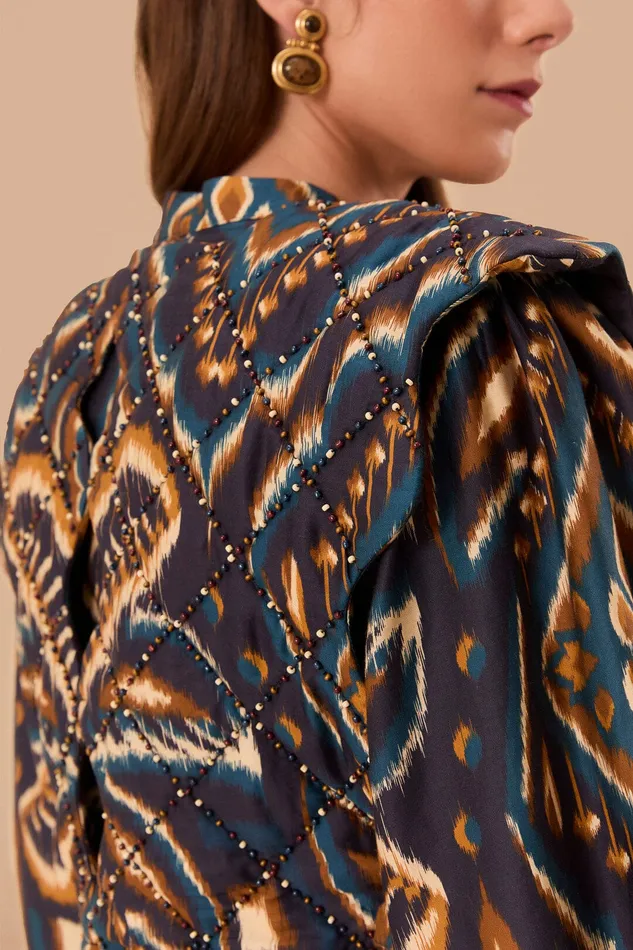 Blue Pineapple Ikat Long Sleeve Matelasse Blouse Women Farm Rio Blouses