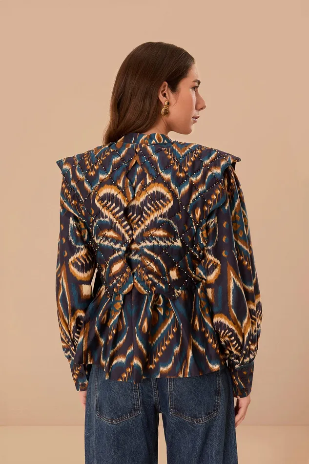 Blue Pineapple Ikat Long Sleeve Matelasse Blouse Women Farm Rio Blouses