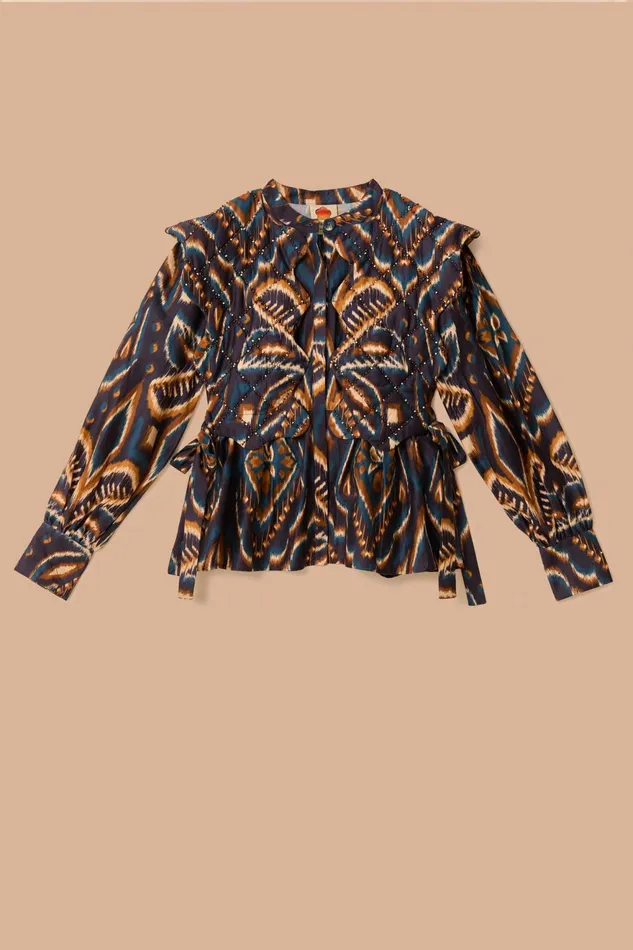 Blue Pineapple Ikat Long Sleeve Matelasse Blouse Women Farm Rio Blouses