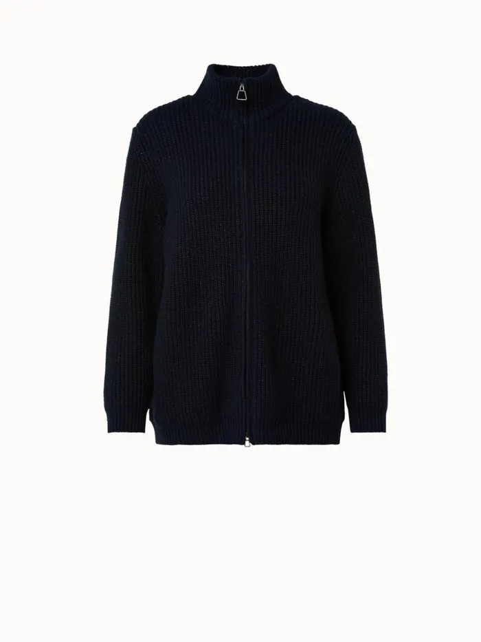Cashmere Cotton Sequins Zip Cardigan Deep Blue Women Akris Knitwear