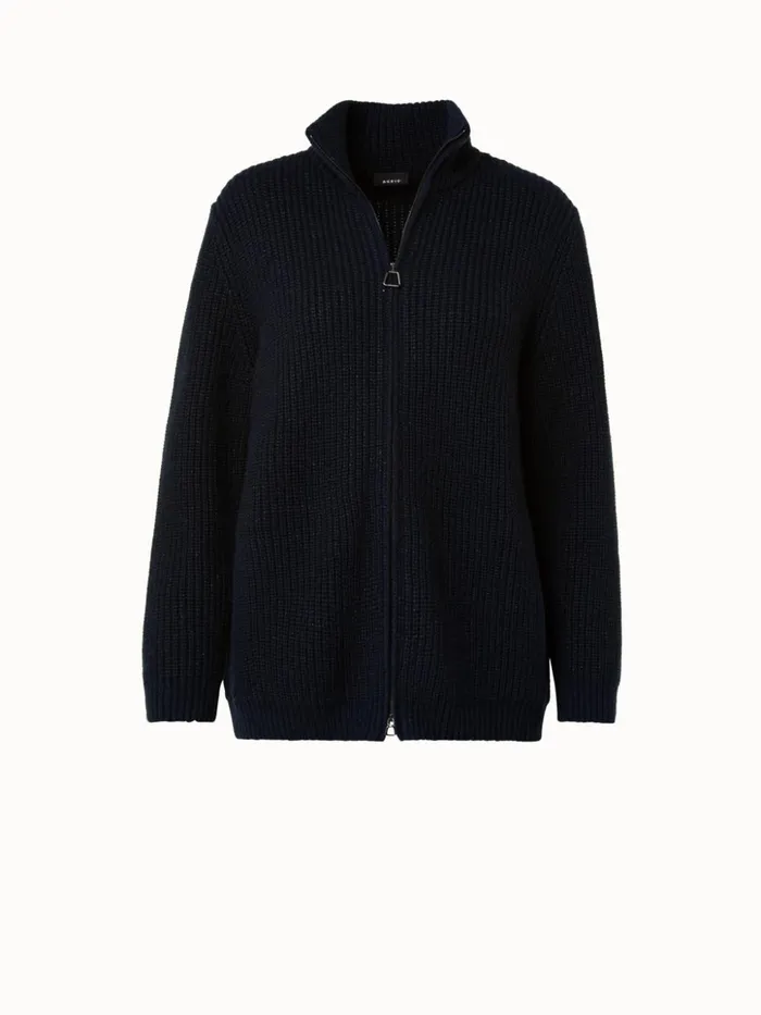 Cashmere Cotton Sequins Zip Cardigan Deep Blue Women Akris Knitwear