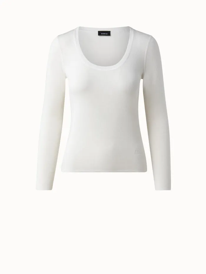 Cashmere Silk Fitted Scoop Neck Pullover Ecru Women Akris Knitwear