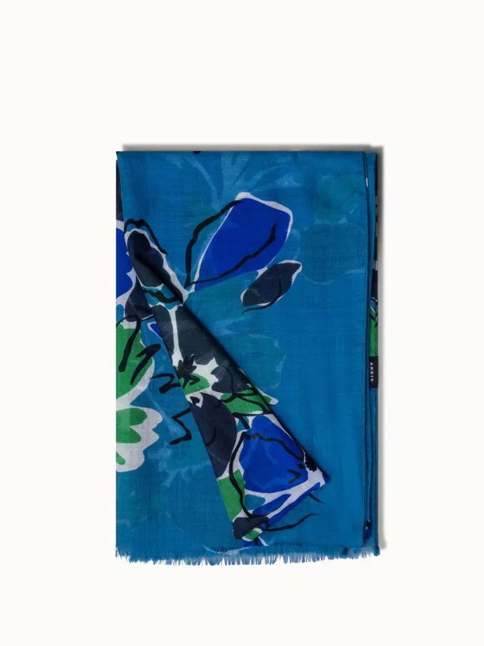 Cashmere Silk Scarf With Sketched Abraham Flower Print Denim Women Akris Cashmere