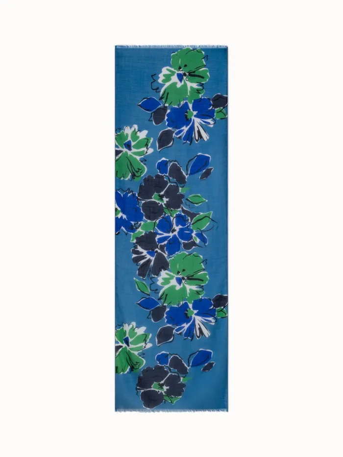 Cashmere Silk Scarf With Sketched Abraham Flower Print Denim Women Akris Cashmere