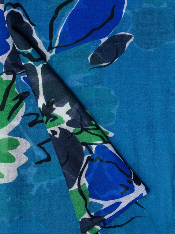 Cashmere Silk Scarf With Sketched Abraham Flower Print Denim Women Akris Cashmere