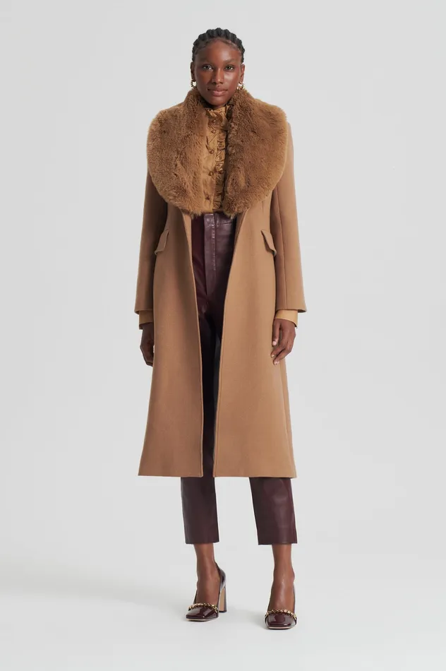 Coats Scanlan Theodore Women FAUX FUR COLLAR COAT CAMEL