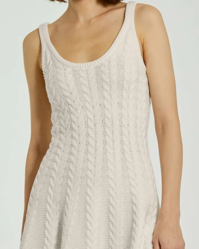 Cream Sleeveless Cable Knit Fit and Flare Mini Tank Dress Cream Knitwear Mac Duggal Women