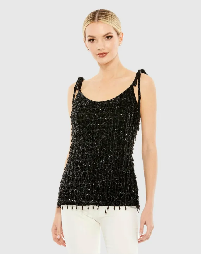 Crystal Embellished Soft Tie Cami Top 8211 FINAL SALE Black Women Blouses and Tops Mac Duggal