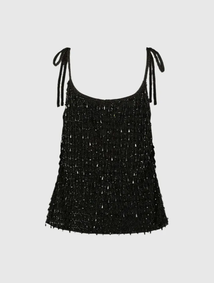 Crystal Embellished Soft Tie Cami Top 8211 FINAL SALE Black Women Blouses and Tops Mac Duggal
