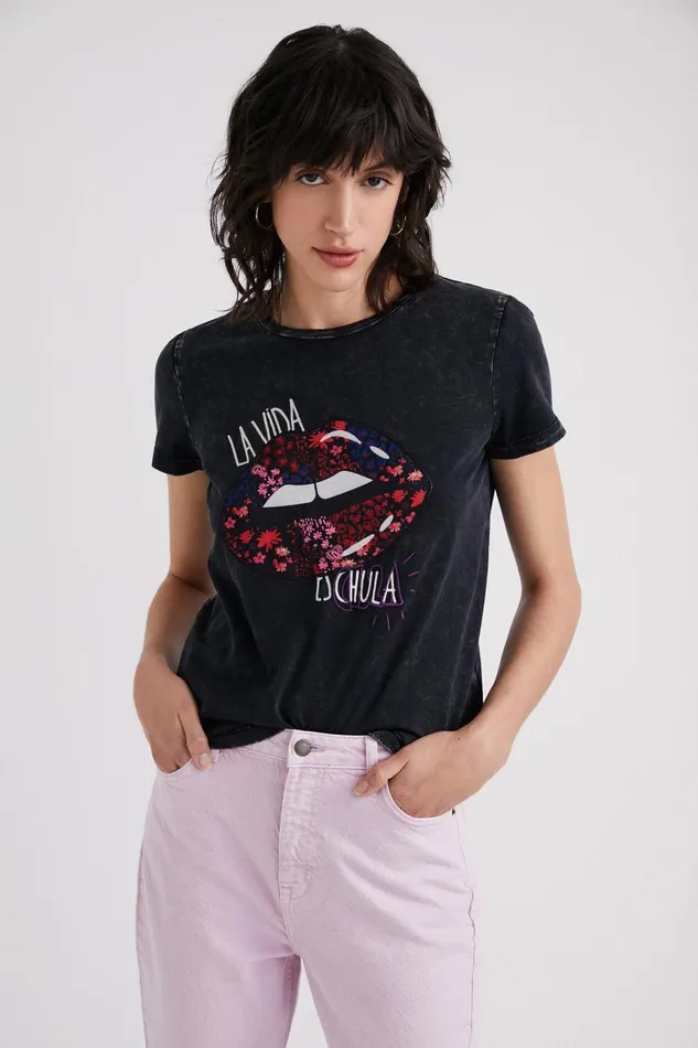 Desigual Embroidered Lip Patch Tshirt Women Tshirts