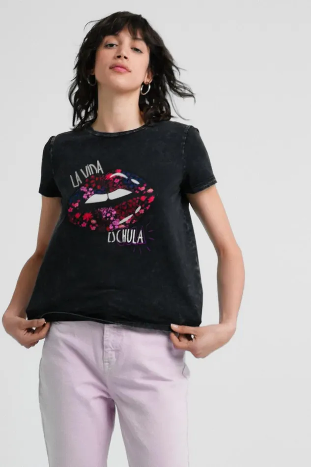 Desigual Embroidered Lip Patch Tshirt Women Tshirts