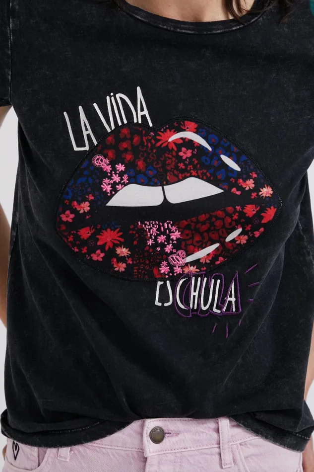 Desigual Embroidered Lip Patch Tshirt Women Tshirts