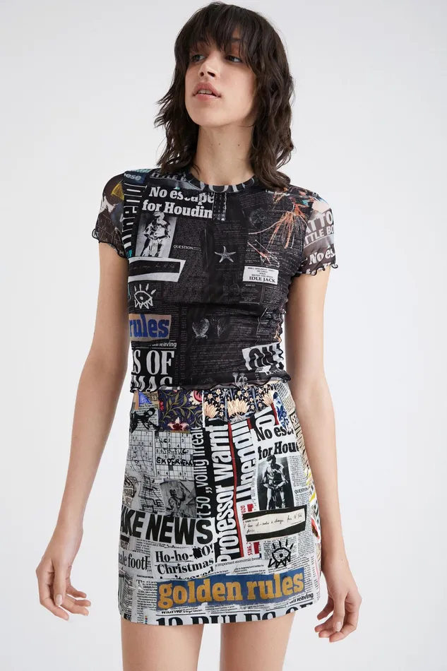 Desigual Slim Cropped Newspaper Tshirt Women Tshirts