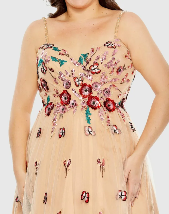 Embellished Butterfly Sleeveless Lace Up Gown Nude Multi Plus Size Dresses Mac Duggal Women Embellished Butterfly Sleeveless Lace Up Gown Nude Multi Plus Size Dresses Mac Duggal Women