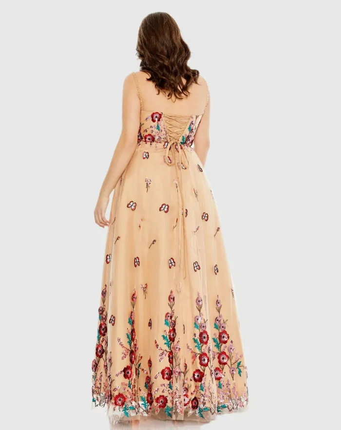 Embellished Butterfly Sleeveless Lace Up Gown Nude Multi Plus Size Dresses Mac Duggal Women Embellished Butterfly Sleeveless Lace Up Gown Nude Multi Plus Size Dresses Mac Duggal Women