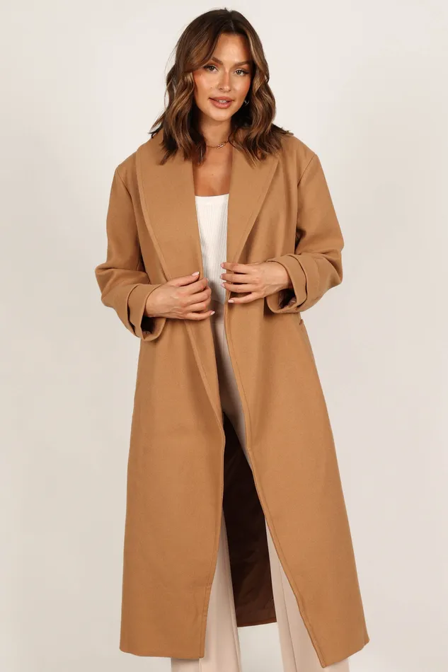 Emersyn Tie Front Coat 8211 Camel Camel Women Jackets and Coats petalandpup