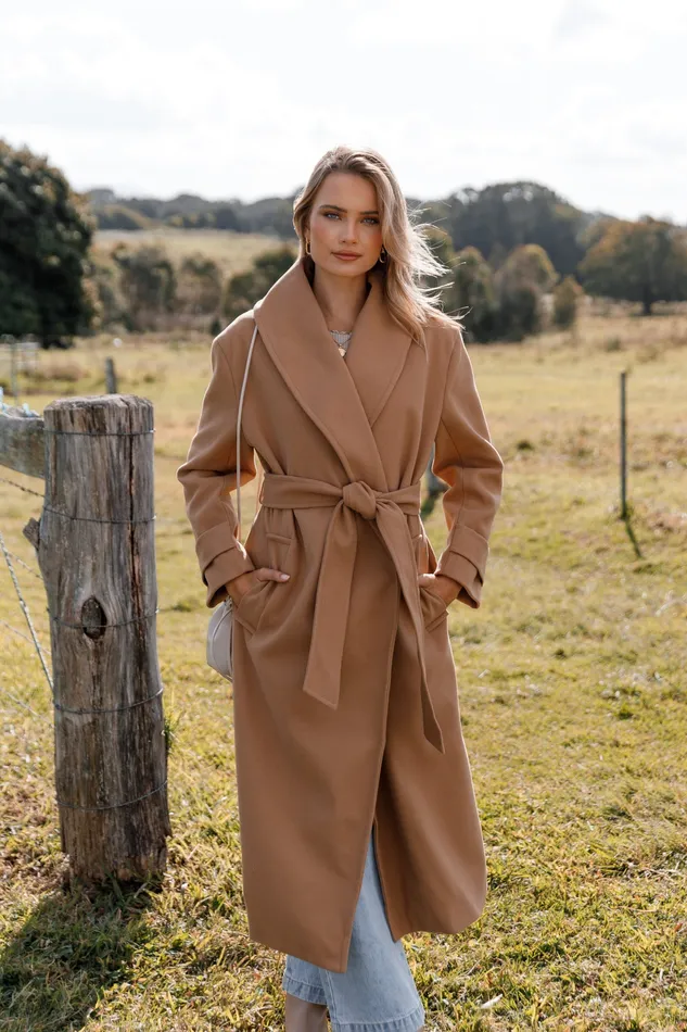 Emersyn Tie Front Coat 8211 Camel Camel Women Jackets and Coats petalandpup