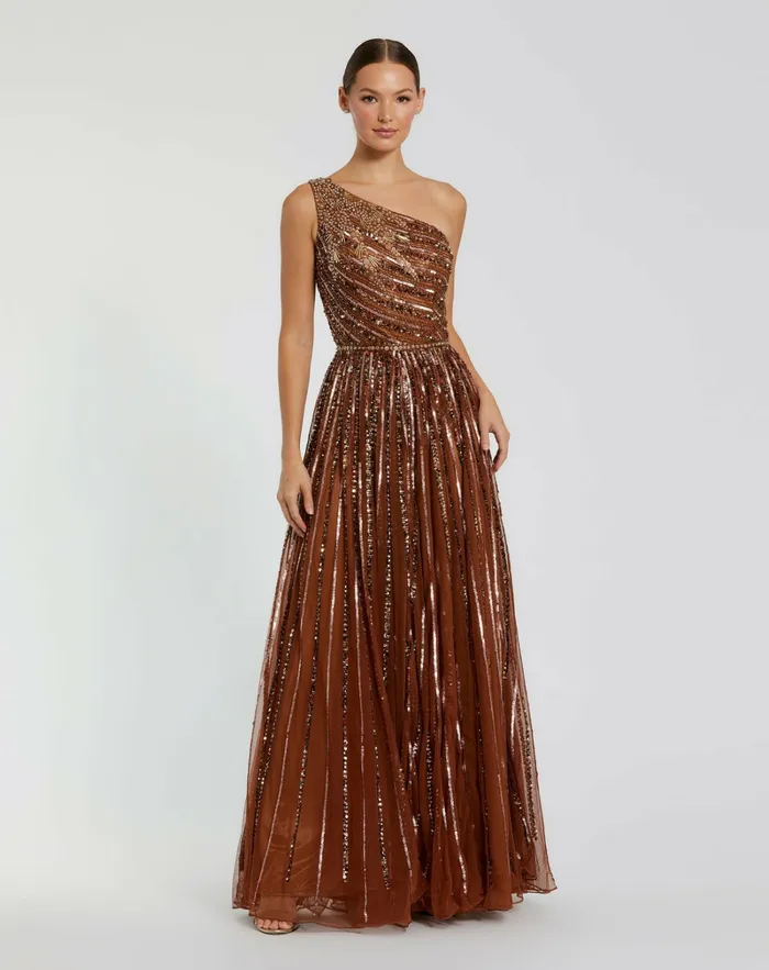Evening Gowns Mac Duggal Women Embellished One Shoulder ALine Gown Copper