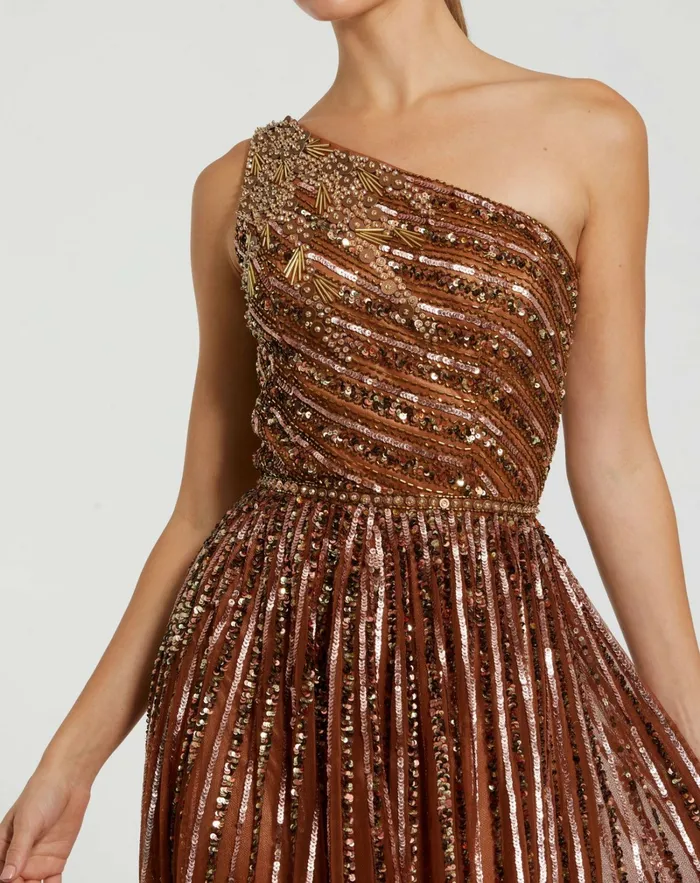 Evening Gowns Mac Duggal Women Embellished One Shoulder ALine Gown Copper