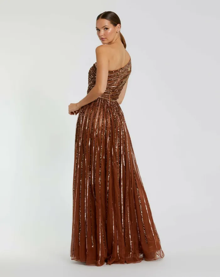 Evening Gowns Mac Duggal Women Embellished One Shoulder ALine Gown Copper